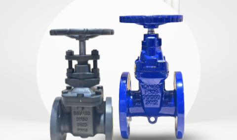 Industrial gate valves in blue and grey with handwheel controls, designed for durable and reliable flow control applications.