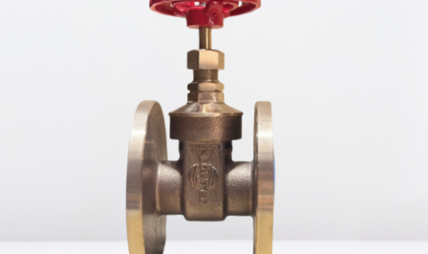 Flow Tech Valves bronze gate valve with red handwheel used for industrial flow control.
