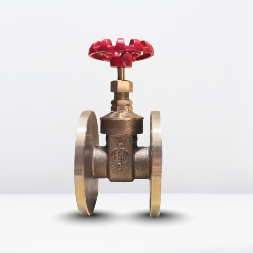Flow Tech Valves bronze gate valve with red handwheel used for industrial flow control.