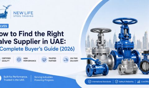 Valve Supplier in UAE guide banner featuring industrial valves by New Life Steel Trading with quality, performance, and trusted supplier highlights.