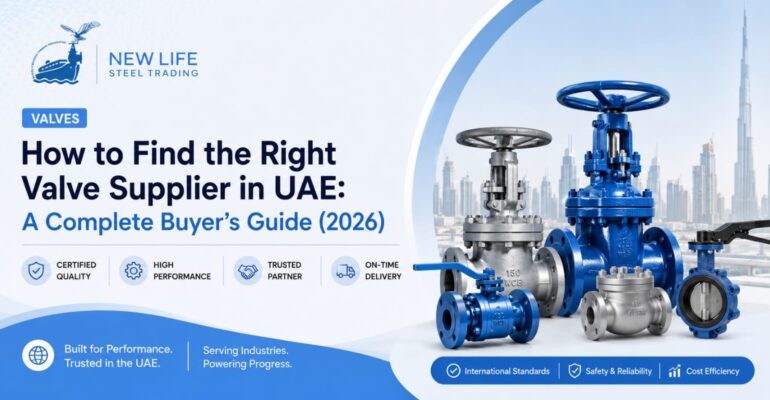 Valve Supplier in UAE guide banner featuring industrial valves by New Life Steel Trading with quality, performance, and trusted supplier highlights.